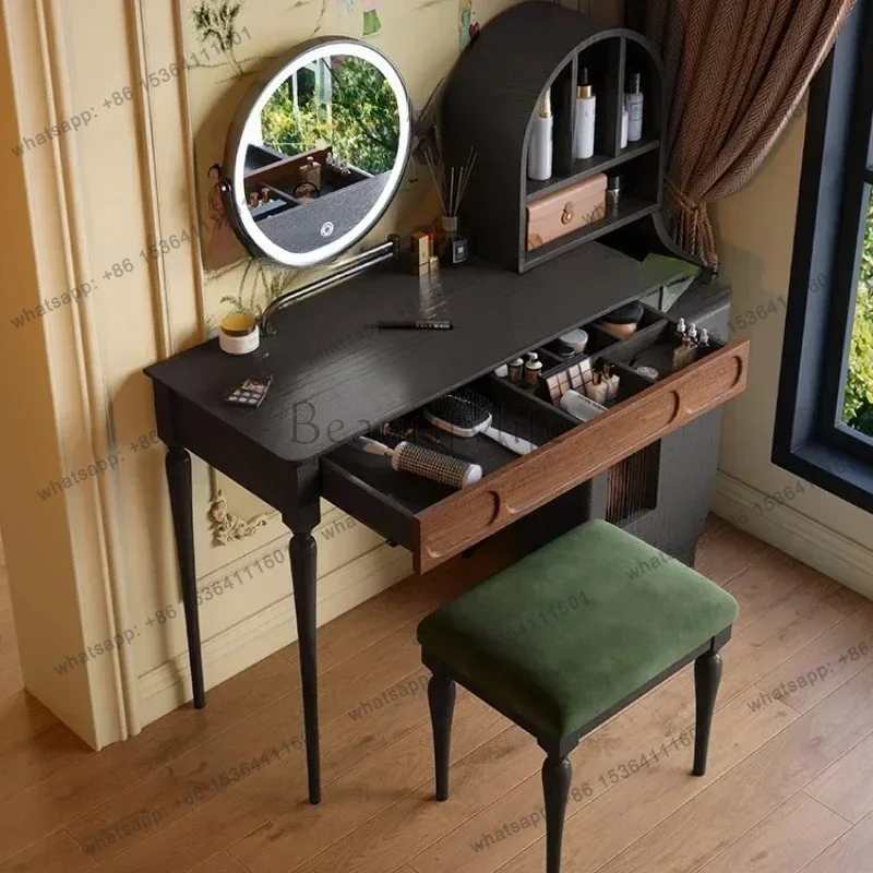 Beauty Makeup Vanity Set - โต๊ะเครื่องแป้งสีดำ LJY พร้อมลิ้นชักและเก้าอี้สตูล ชุดโต๊ะเครื่องแป้งขนาดใหญ่ครบชุด ตู้แต่งหน้าหรูหราทันสมัย เฟอร์นิเจอร์ทันสมัย